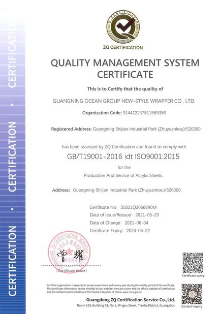 China BESTA ACRYLIC CO., LTD. certificaten